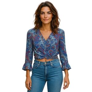 Silk Paisley Tie Waist Wrap Flutter Bell Sleeves Women's Top Women's Size S/M
